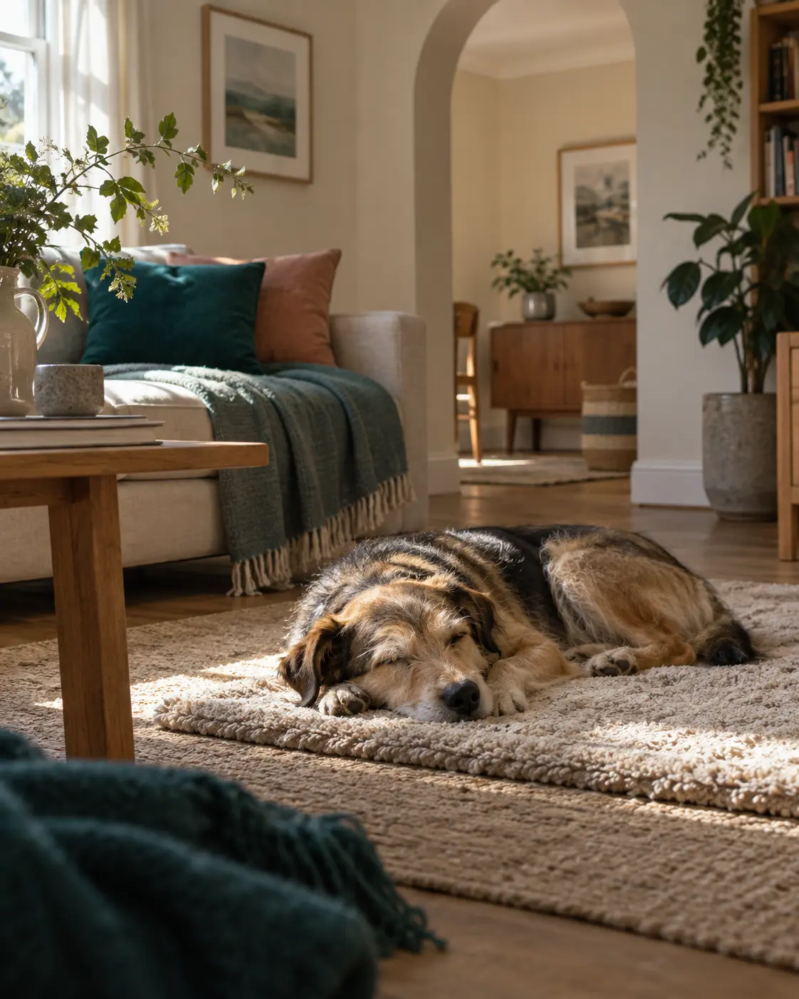 A relaxed dog sleeping comfortably in a warm, softly lit living room.